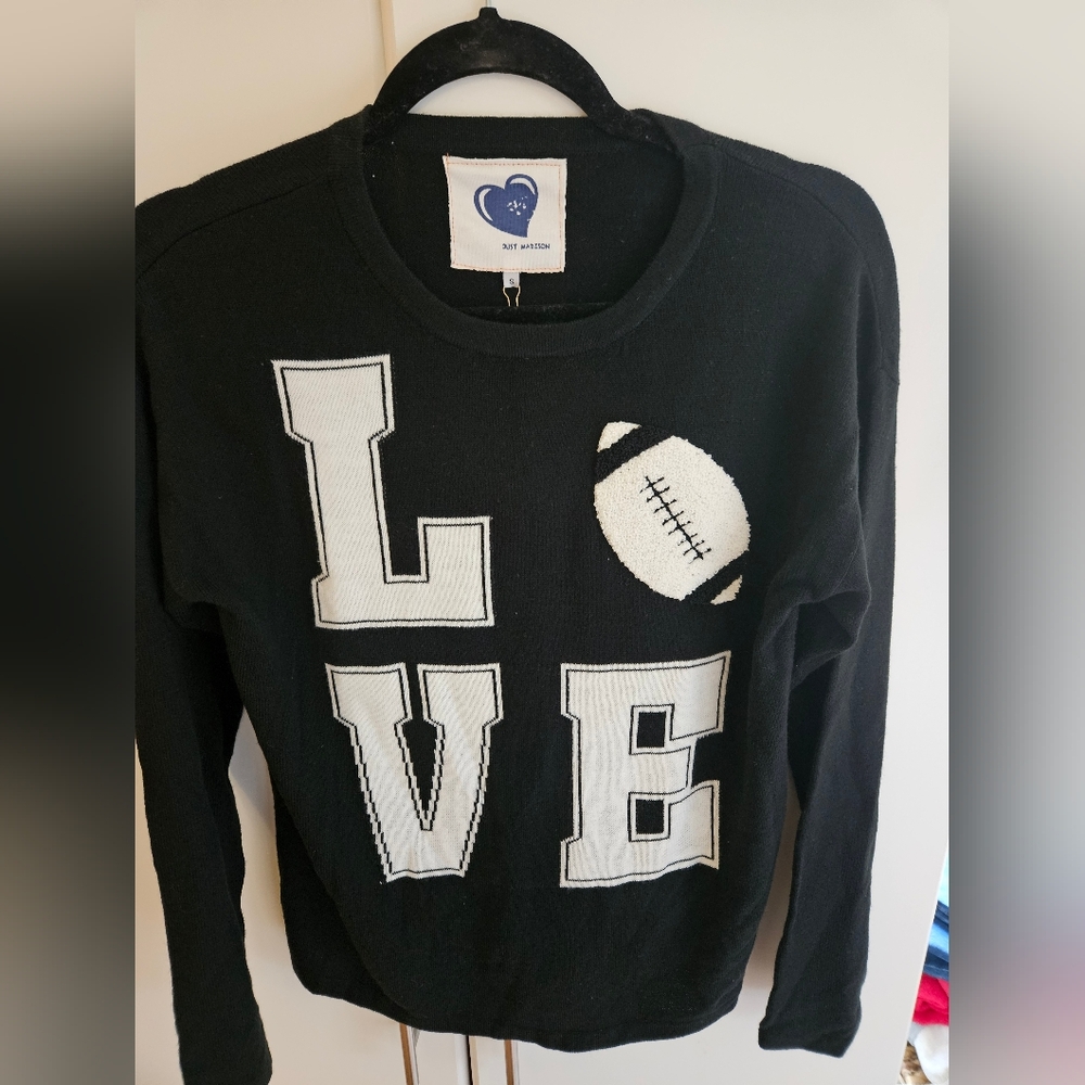 Madison Black Crew Neck Sweater with White LOVE Design